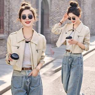 女机车显皮瘦翻领时尚 新款 羊短外套 皮衣秋冬季 海宁GBP休闲绵装