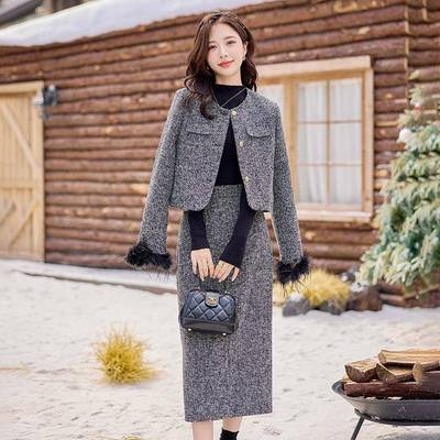 时尚小HG6357-15套装秋冬季新品女装气质半夹棉保暖香风外套裙两