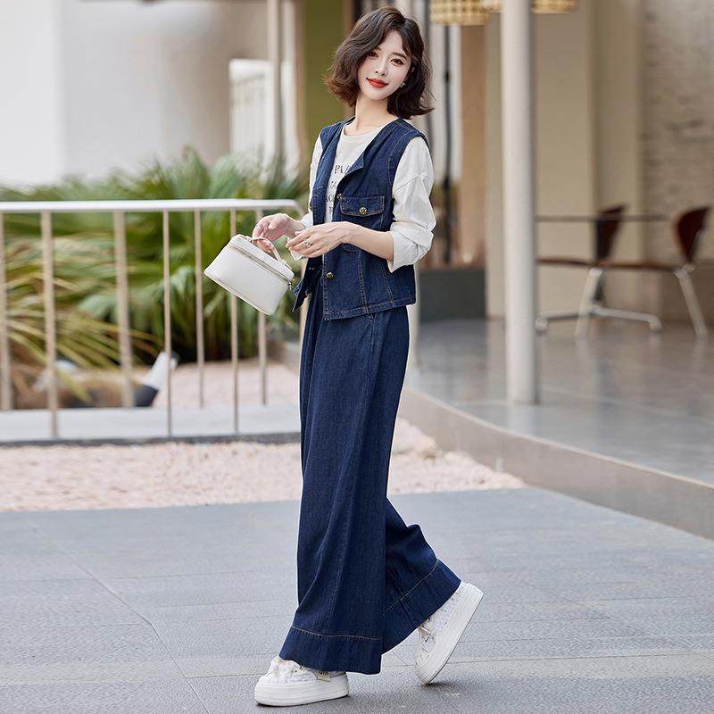 时尚2装女0LU893225春季显瘦气质宽松无袖马甲长裤牛仔两套LU8套9