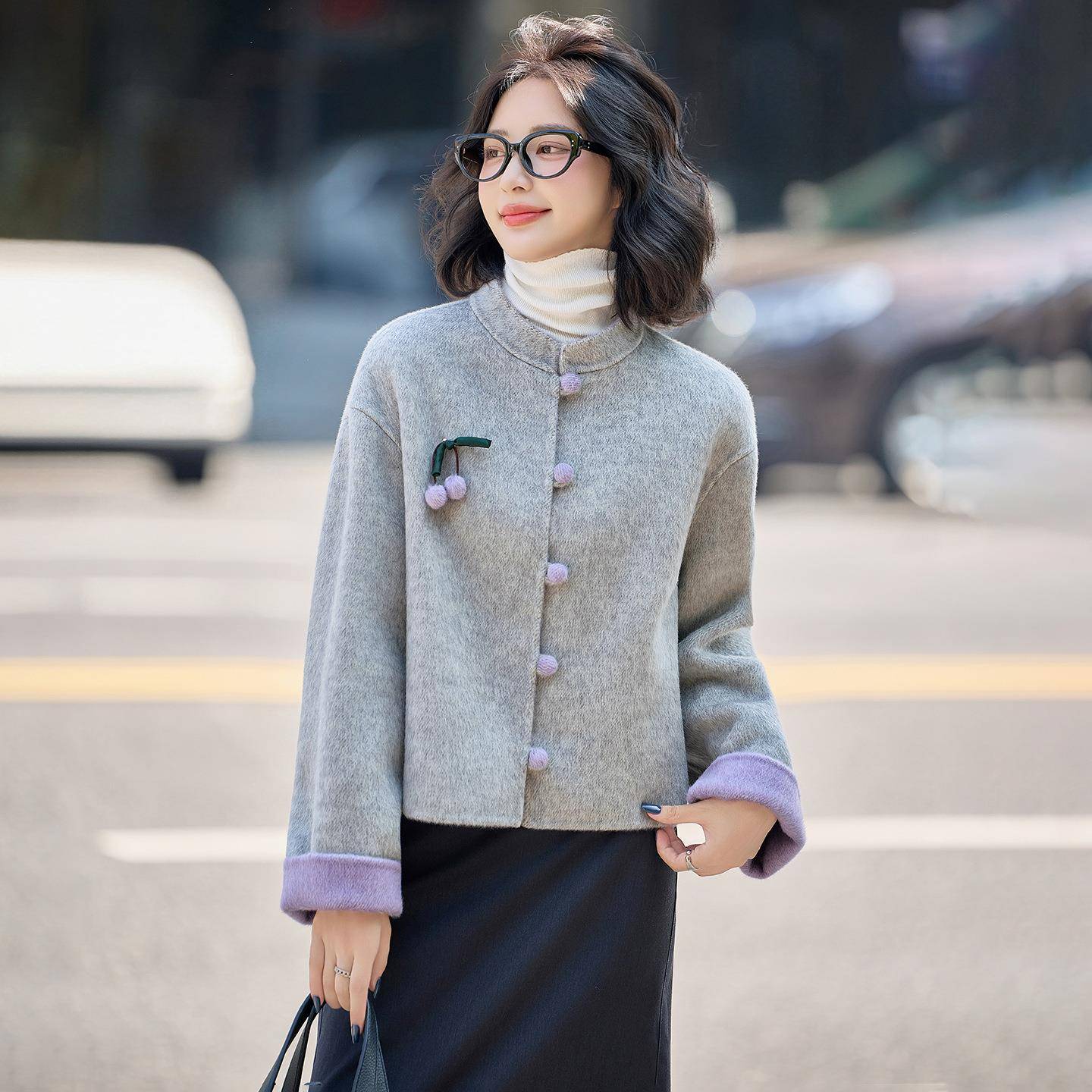 呢新中式国风双面羊毛大衣女20香25秋ME729-09冬套小风气质修身毛