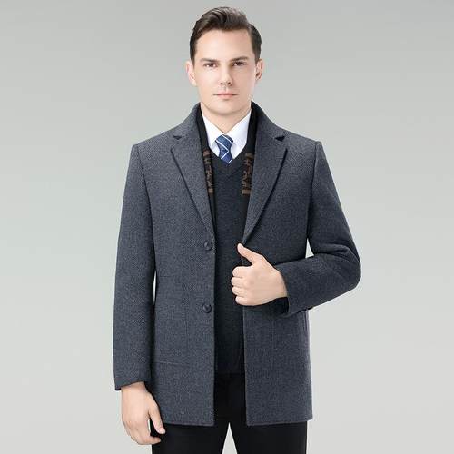 中年双面围呢羊LSI绒大衣男装领中长款西羊毛呢子外套爸巾爸装带