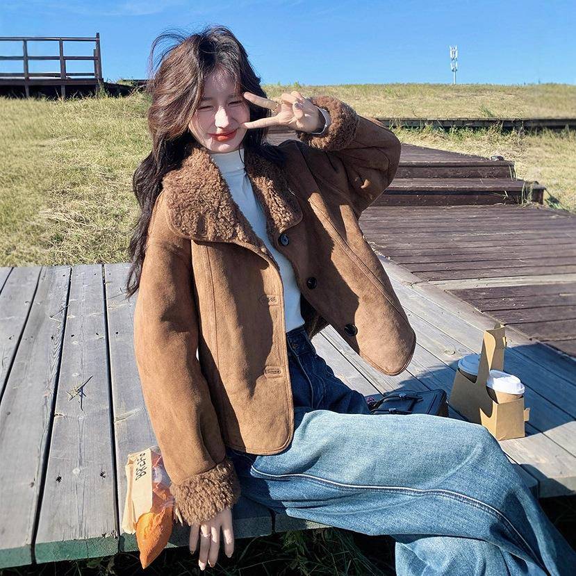 小个子高级感两色2面穿仿皮毛一体外套女c182-501025咖冬新款复古