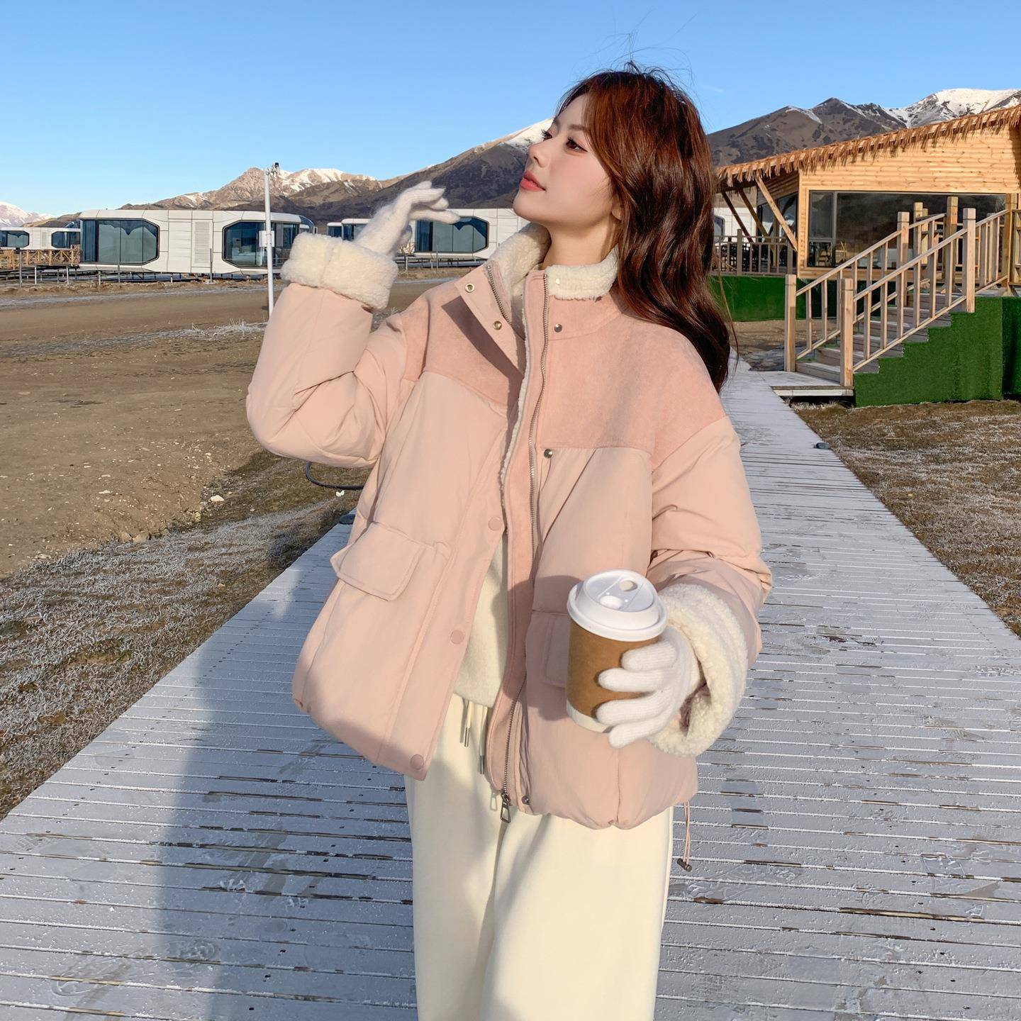 羊羔毛9拼接羽绒服女短款02b171-XW35冬季新款小个子2超好看0白鸭