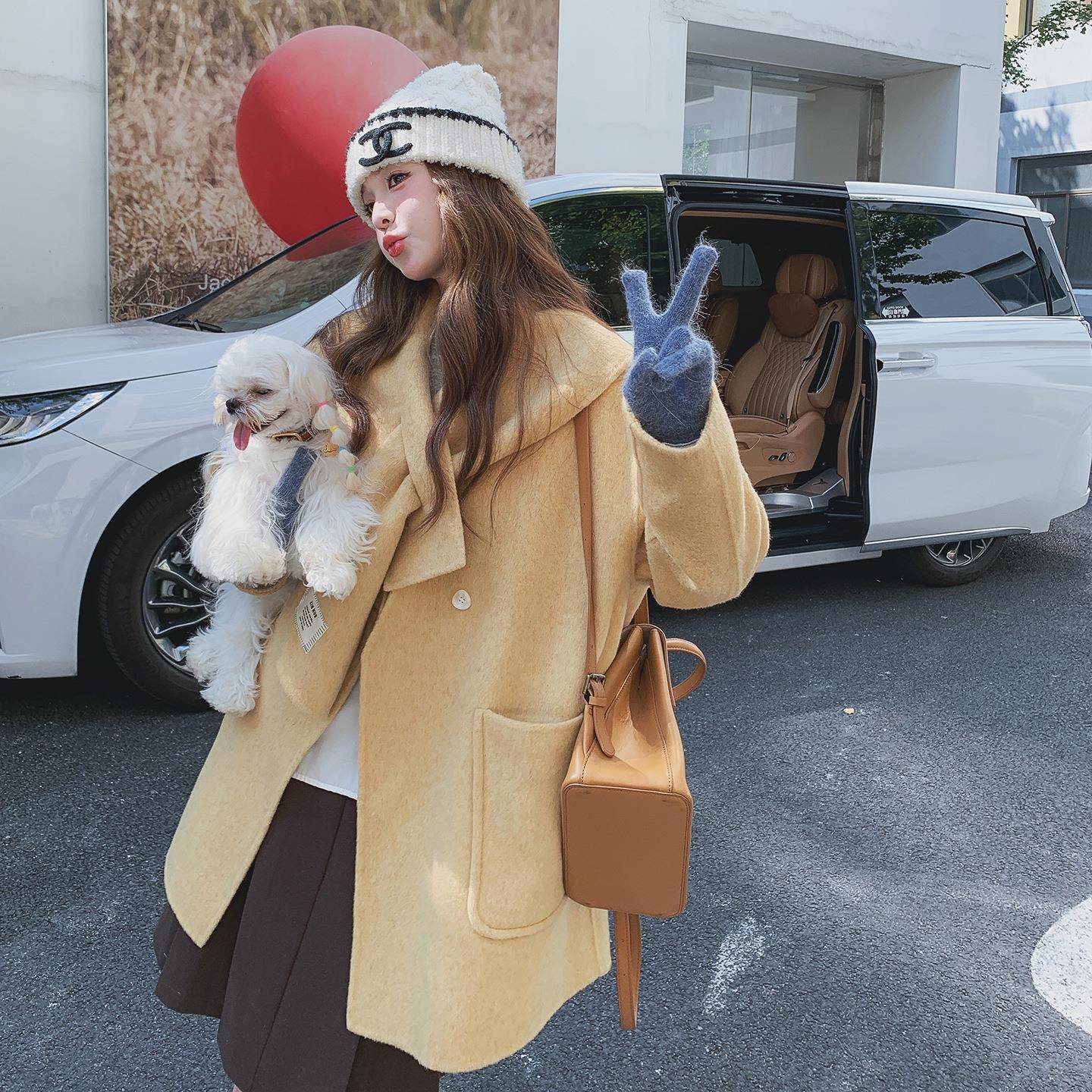 外奶黄色围巾双衣面呢羊毛大女202C077-2995子秋冬韩系巨好看小个