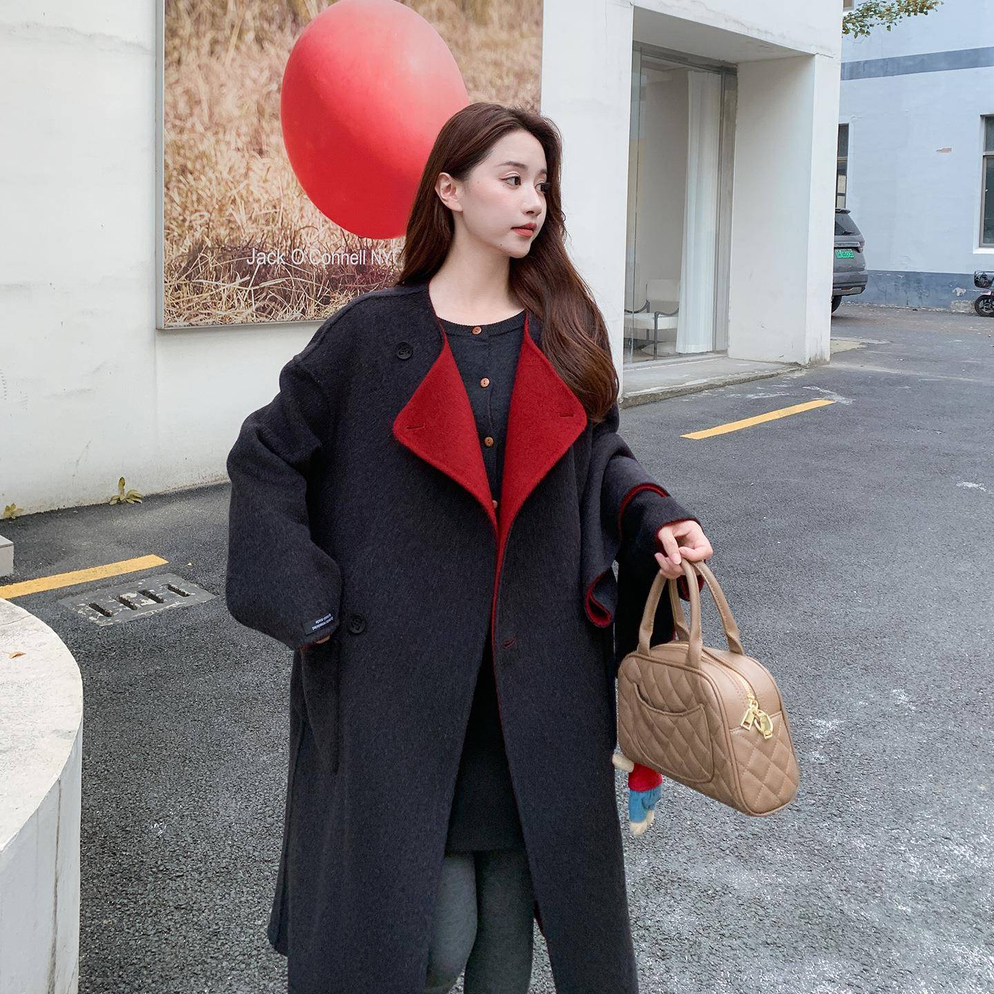 红色流苏围巾款双大面呢羊毛衣2025年女秋冬季款两面2B220-88穿新