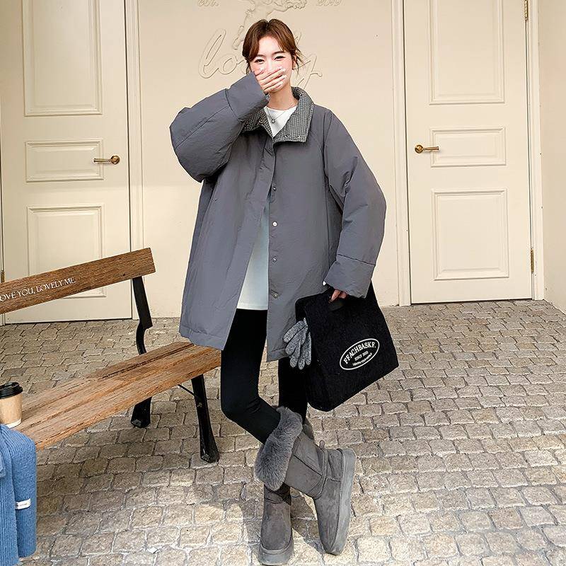 C169-257高风级感色格子拼接派克羽绒服女冬2025新款白绒工装鸭保