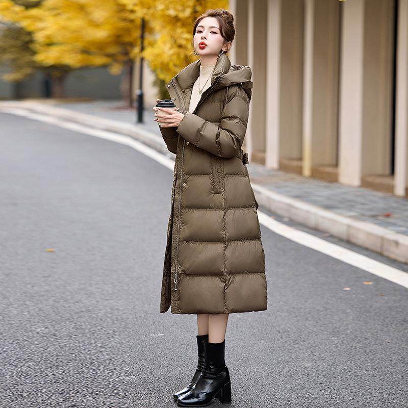 HR-D202-女式羽绒服冬季新连款帽长款0时尚加保暖白鸭绒外套 配腰