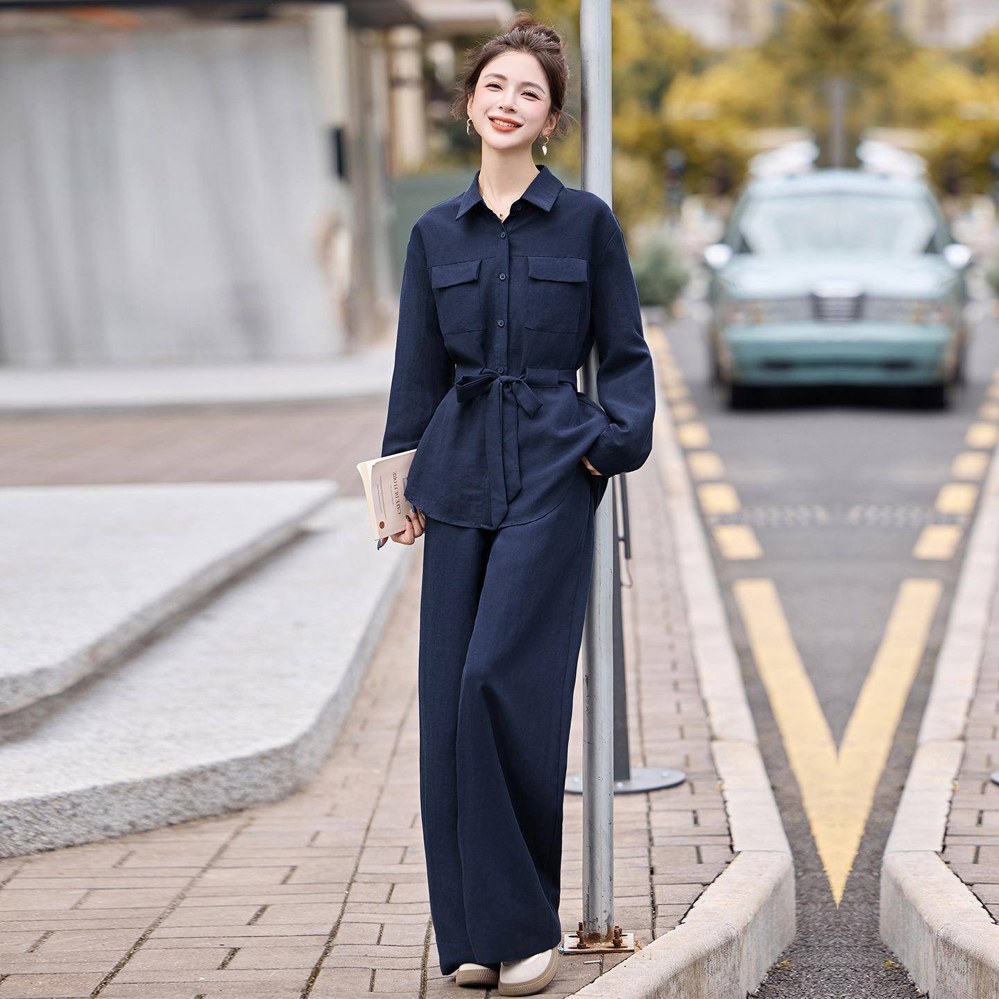时尚套装NS9765-0女2025秋季新款干练气质长袖衬衫阔腿两7件套裤