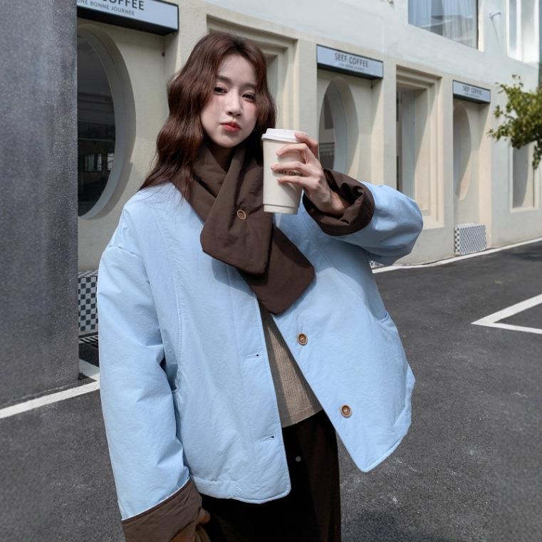 色韩系撞色拼接轻薄款棉服2025冬季显新款保暖围b297-183女脖不臃