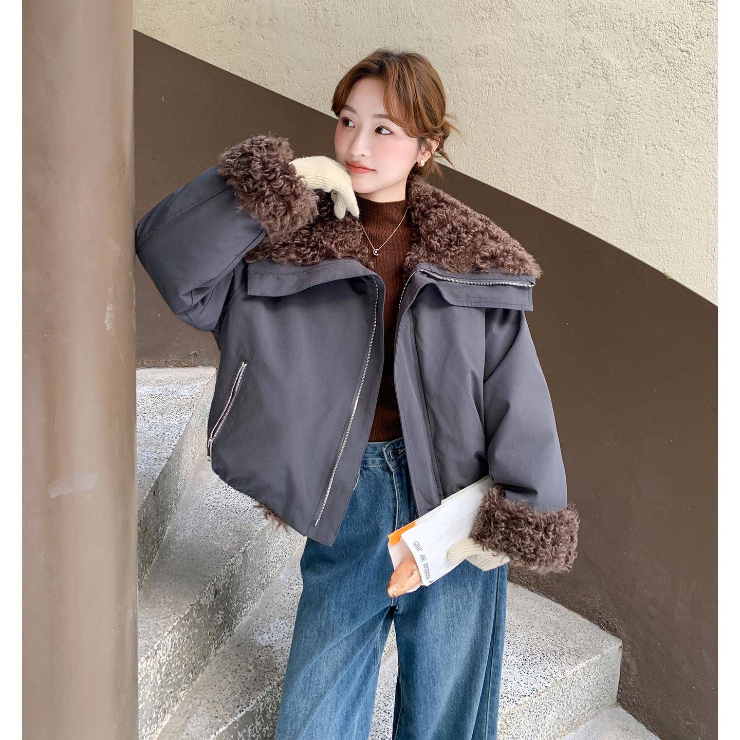 灰色羊毛派克服女冬季20羔25新复古气宽松质休c012-856闲百搭加厚