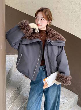 灰色羊毛派克服女冬季20羔25新复古气宽松质休c012-856闲百搭加厚