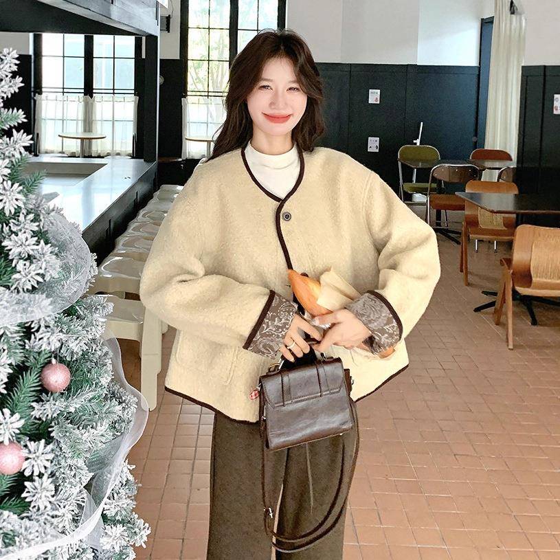 黄色松面弛感休闲百搭两穿羊羔毛时套女2025秋冬D035-251新款尚轻