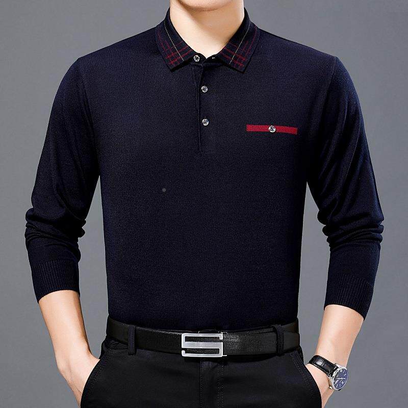 2023秋冬新款中年2916-MO长士袖t恤领大翻码商务爸爸针织男羊绒打