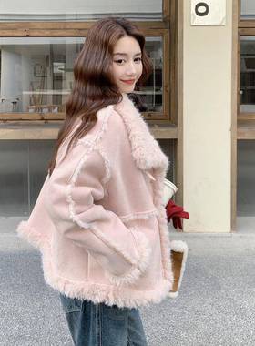 色甜美仿皮毛一羊羔毛厚体外套女棉22B222-87025冬新款小个粉子韩