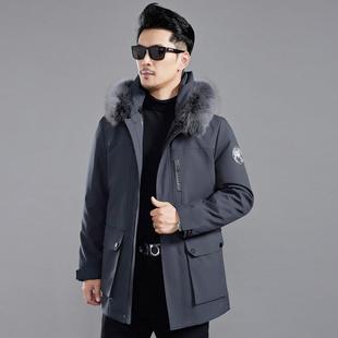爸派 男装 蓝新爸商APE务连帽狐毛领可拆卸羽绒毛内胆中长款 加厚款
