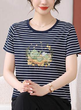 夏季运动套装气新款洋妈妈条纹领短袖九109910分裤圆休闲服两女件