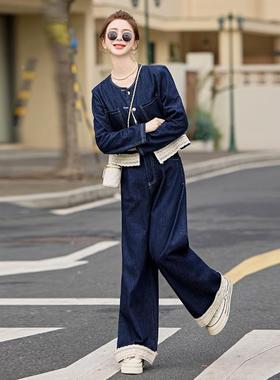 2025秋季新款宽松接瘦慵懒E959-072风蕾丝拼牛仔外套显阔腿裤两件