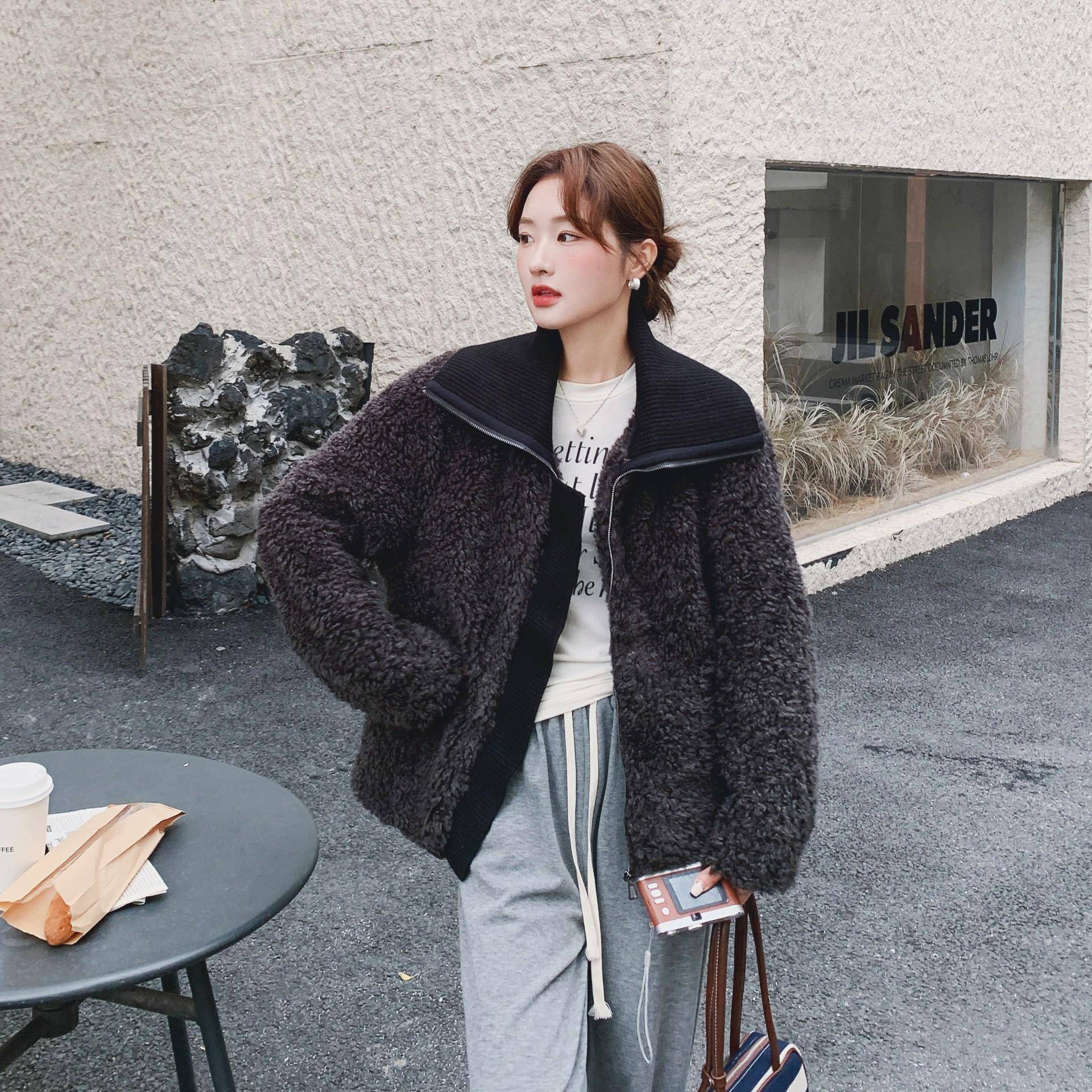 灰色撞织拼接羊羔毛皮毛一体外套C077-305色女2深025冬新款盐系时