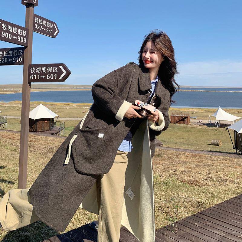 灰色松双面羊大衣女毛2025秋冬新款韩c219-212版宽休闲懒风长款毛