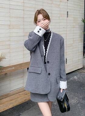 灰色小香风羽绒质内0胆毛呢西服套装裙22女5c126-442冬季气时髦短