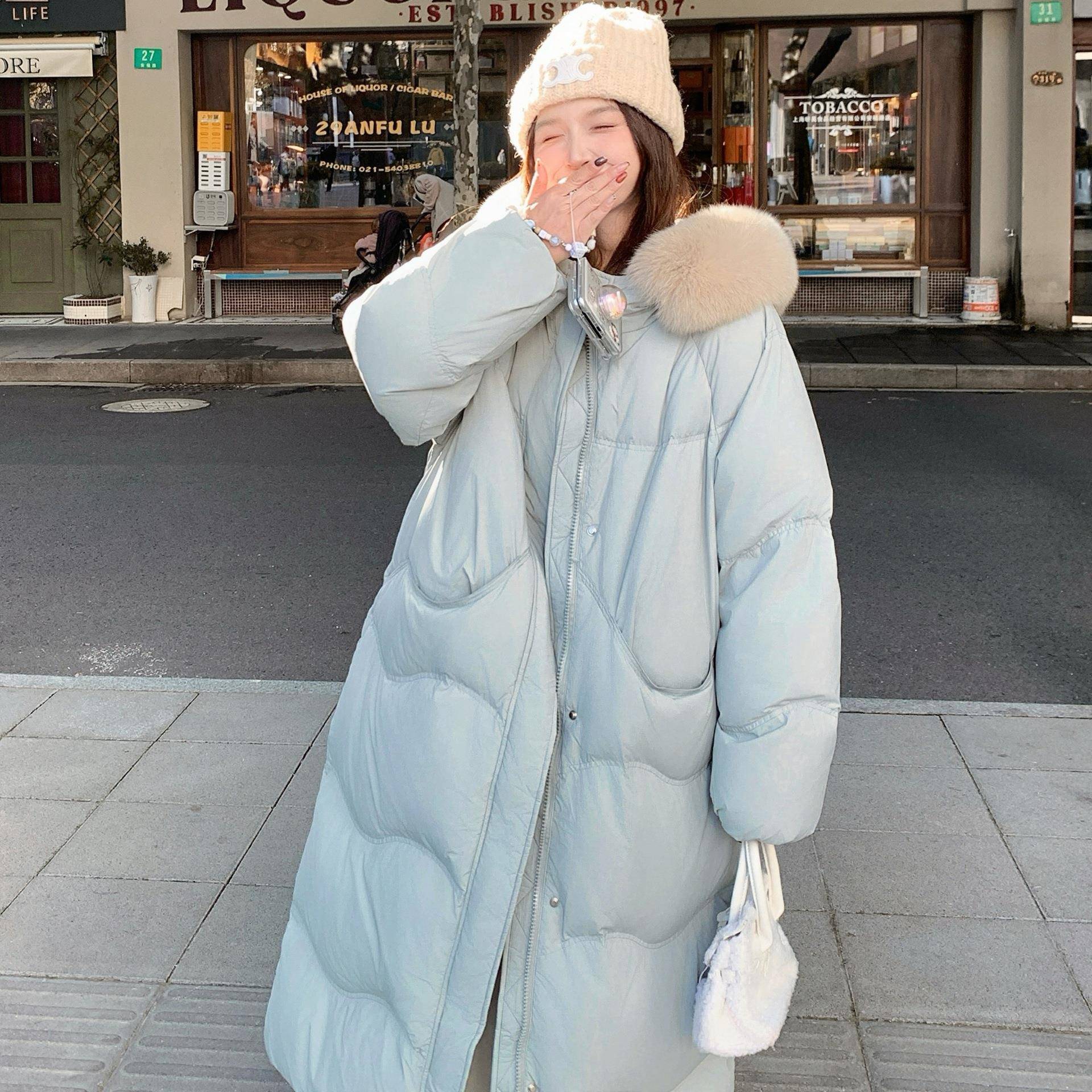 蓝色羽绒女冬季2025款毛韩系气b170-259质高级感领加厚白服鸭新绒