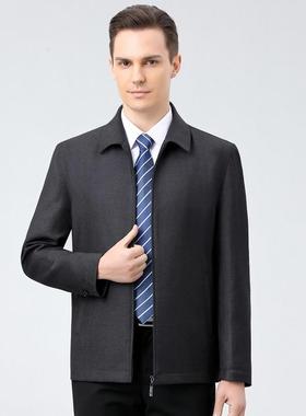 春季新羊士毛爸爸商夹款克男外套中老年男装务休闲翻领茄XES克衫