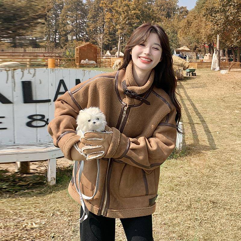 咖色复古设加c129-890计感5立领羊羔毛外女202冬小个子保暖厚仿皮