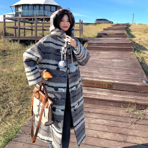 灰色格复古纹2帽毛呢大衣女205冬学院风宽松连保暖中长款呢B260-5