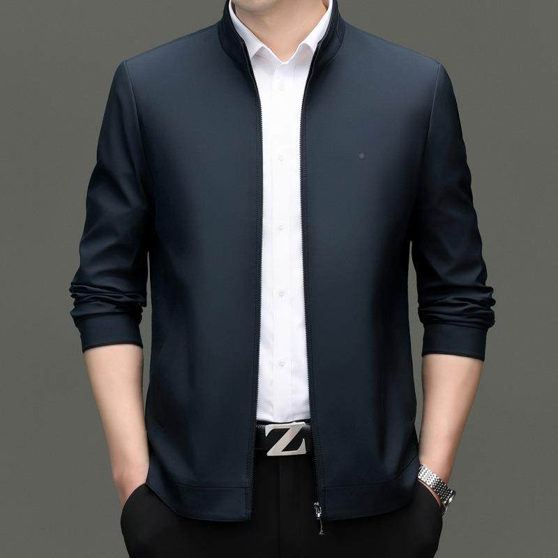 202丝5秋季休闲桑蚕夹克男士商薄款立领上务衣中老年春2102-NN爸