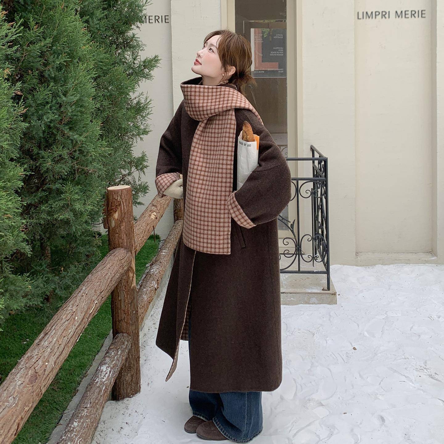 咖色复古格纹肩双羊毛大衣女20C375-25025披季洋冬气时髦面中长款