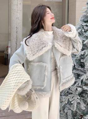 蓝色仿皮毛b171-XW3一体套羊羔毛大翻领外女冬225新款时尚0百搭短