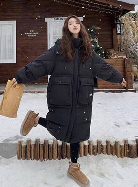 黑色装工绒服女中长款205冬B263-W26季新款过膝加厚保暖2连羽帽90