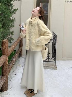 2奶黄色羊羔毛外套冬205新款小一个子宽松b210-329加厚韩系仿皮女