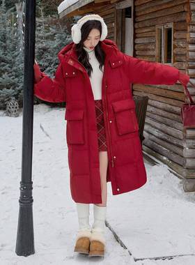 红色白鸭绒羽绒服女冬ZYA86866中长年款过2025季新款时膝尚加厚高