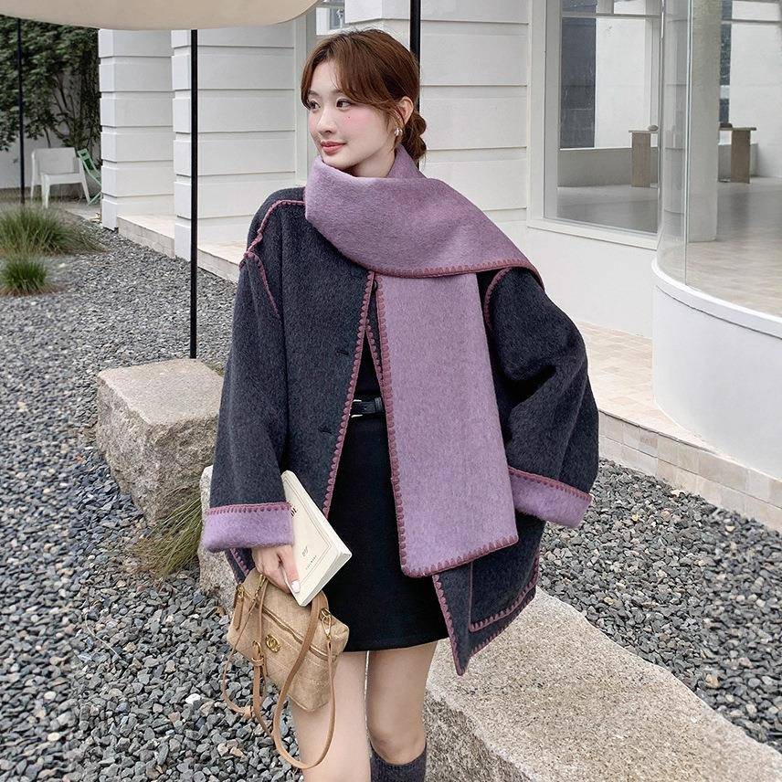 两穿面羊毛双宽大衣女D073-661冬季2025新款超好看松休闲围巾毛呢