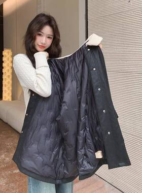 黑色c013-132高级感慵懒风工装P皮羽绒服女205冬季2新U款针织翻领
