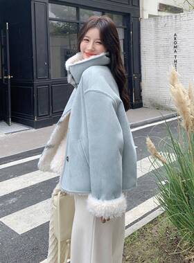 蓝色C259-998小个子复古院风羊羔毛0外套秋冬季女2学25新保暖款仿