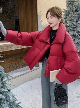 好看酒红色款面包短羽绒服女冬季20c108-62325新外款小白个子加厚