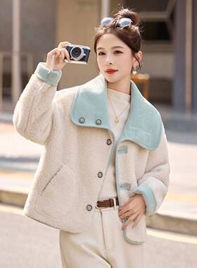 女浅紫色外仿皮毛一体加厚2翻领羊羔毛套冬0ZYING89725新款韩系小