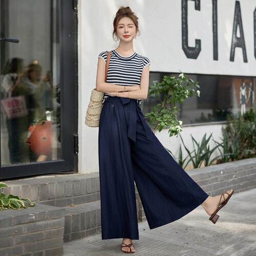 套装新品气质显瘦显百搭YF2588-0女条装纹恤阔腿裤两件夏套