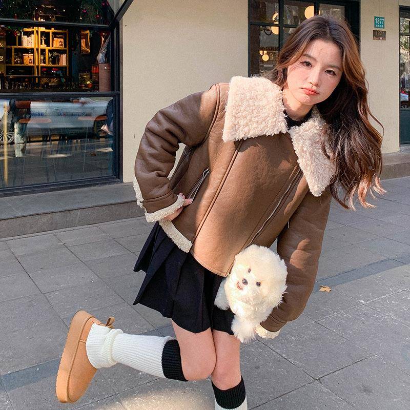 大翻领仿皮毛一女体外套短款机小个子加C286-653绒加厚羊羔毛冬车