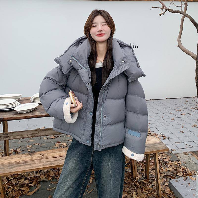 灰色羊羔c182-Y06毛接短款羽绒服女冬季款90白鸭绒时尚新保泡暖芙