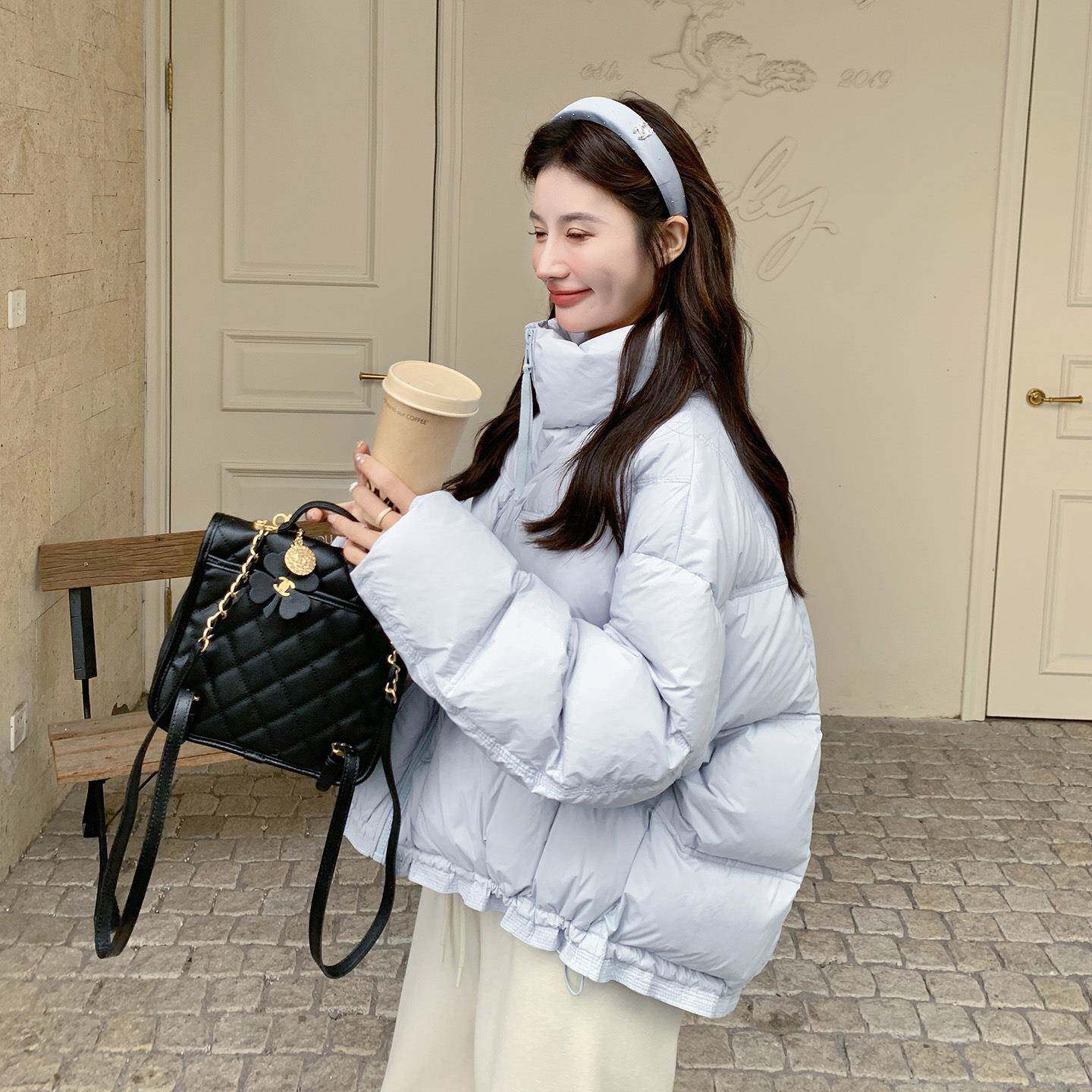 浅蓝立色韩领短款羽绒服女2025冬服季超c339-2C3好看版面包90白鸭