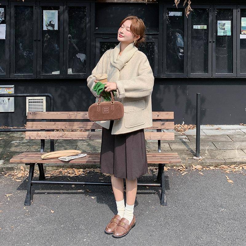 淡黄减色龄双面呢羊款毛大衣女秋冬季D122-273新2025年款小个子短