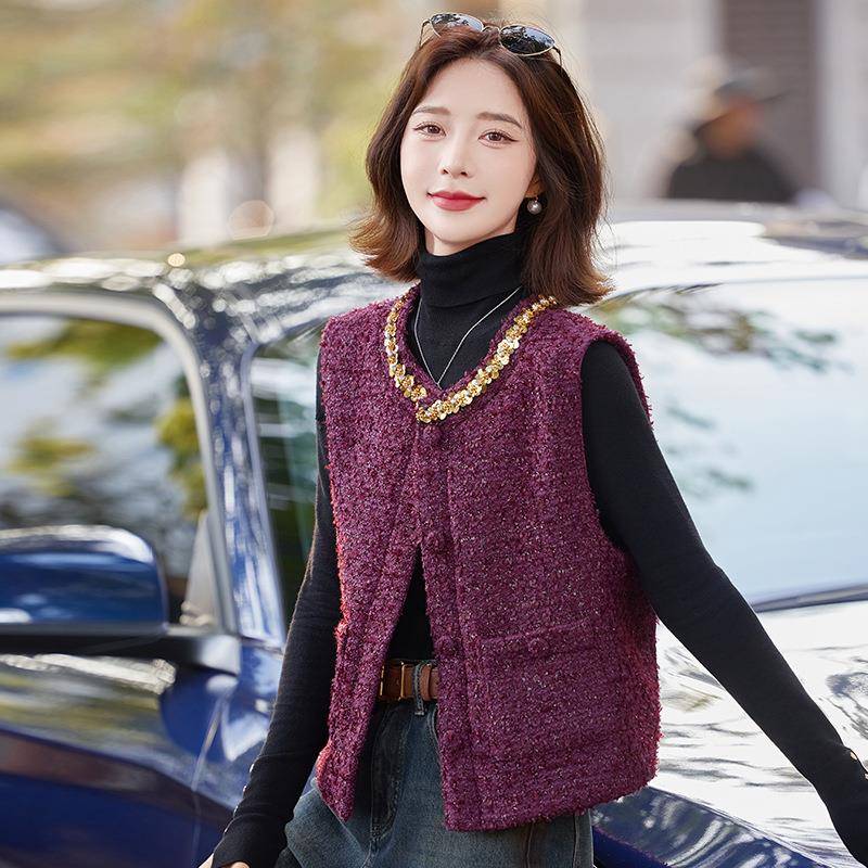 小马香风亮片甲秋款女装百搭轻圆奢高ZQ16级感潮流领无袖上衣女Z