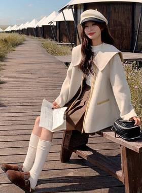 克韩系c领hic白色海军双面羊绒套女秋冬超火C056-706好看加厚毛呢