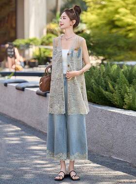 牛仔腿裤套装20ZBAN301225新款质休闲阔百显瘦无袖搭镂空蕾丝拼接