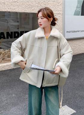 米5杏色0羊羔毛翻领外套D039-L61女短款22新款宽松休闲加绒加厚工