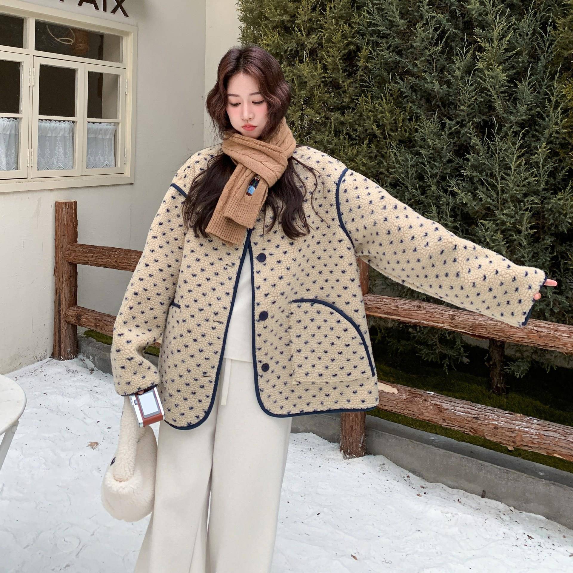 米松弛撞色点羊羔毛外套女20波2c302-700感5色冬季新款休闲慵懒风