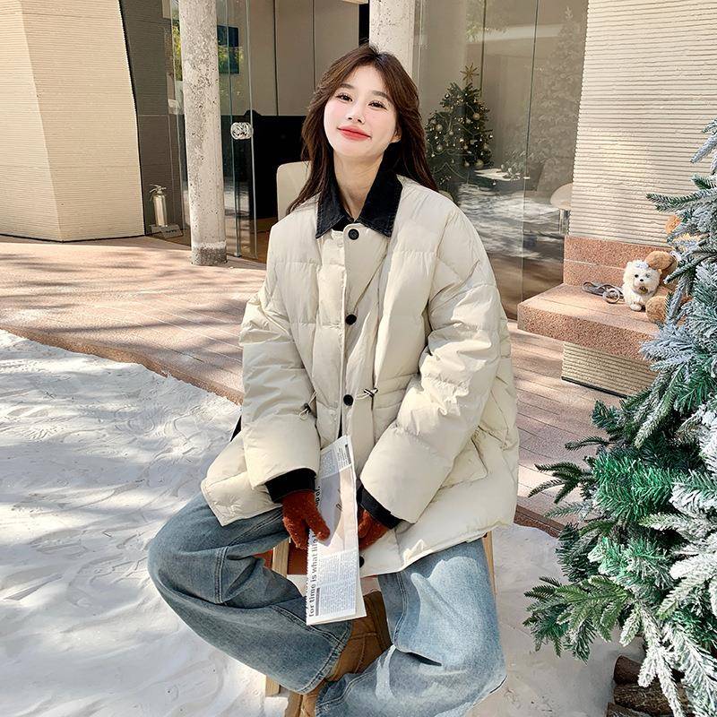 牛仔拼件接假两羽绒c183-Y72服女冬2024款学院系风休闲文艺新森面